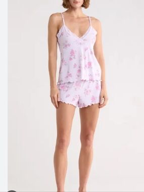 Laura Ashley Light Pink Floral Lace-Trim Cami & Shorts Set, Large